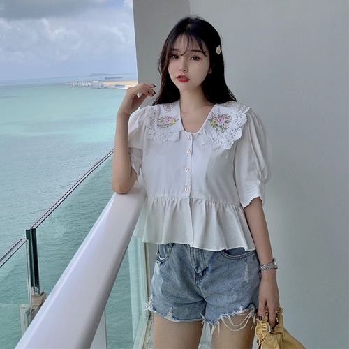 ✞ 花柄刺繍レースプリーツスリーブショートシャツブラウス スウィート フラワーデザイン ✞ゴスロリ SM ミリ 甘ロリ クラロリ 和ロリ エレガント 黒ロリ 姫ロリ 華ロリ BB-BB3724422