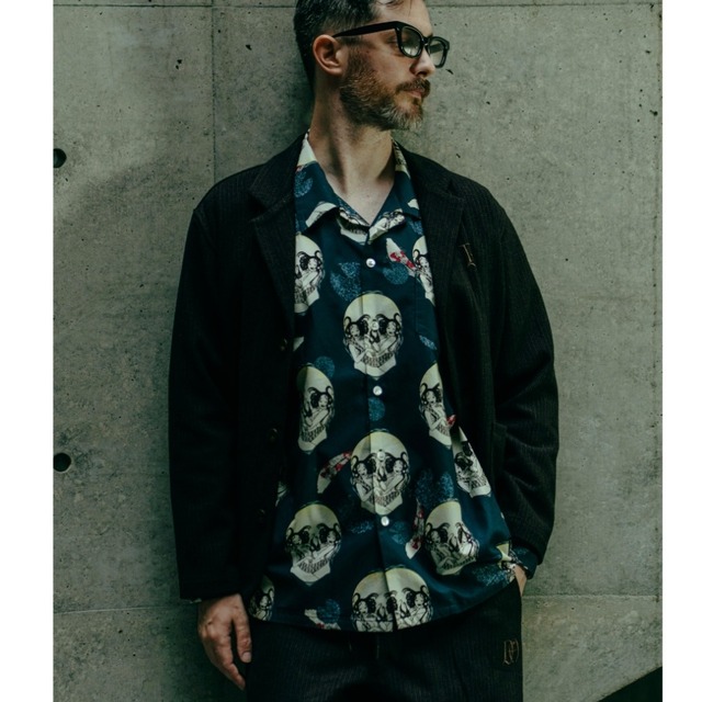 メンズ シャツ 長袖シャツ スカル　総柄 ブルー ブラウン ドレスヒッピー  FACE TWO SKULL L/S SHIRT