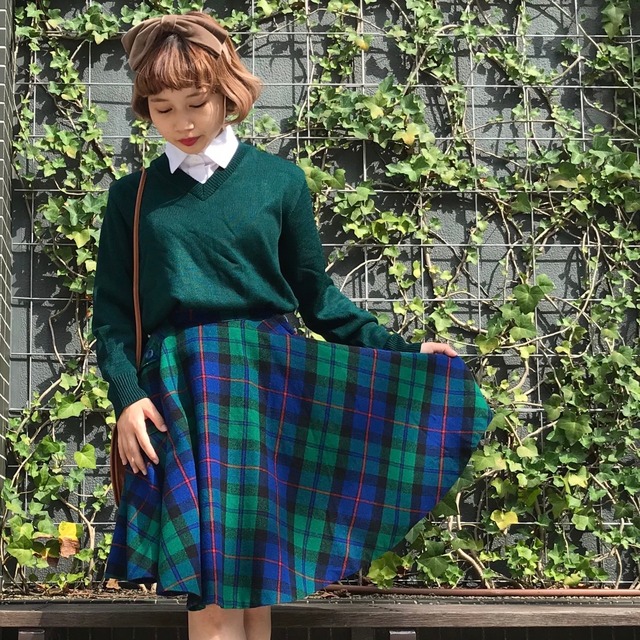 VINTAGE green check school girl skirt