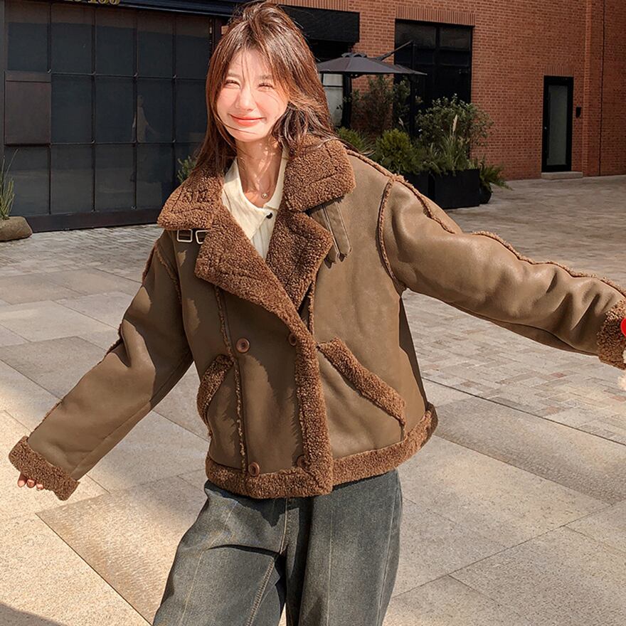 セミロリ ジャケット ボア付き ショート丈 コート ブラウン