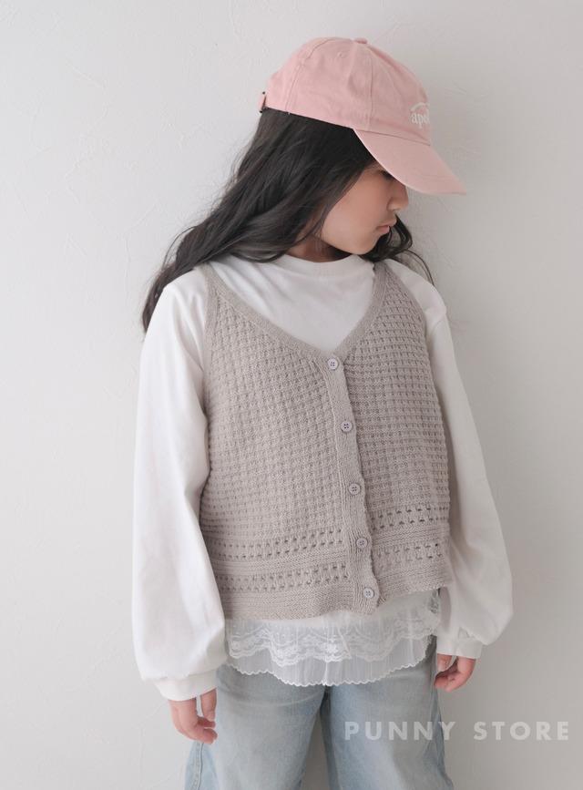ニットビスチェと裾レーストップスセット（グレージュ）TMOC 2026春｜100-160cm｜２点セット｜フリルレース｜かぎ編み ［取寄］