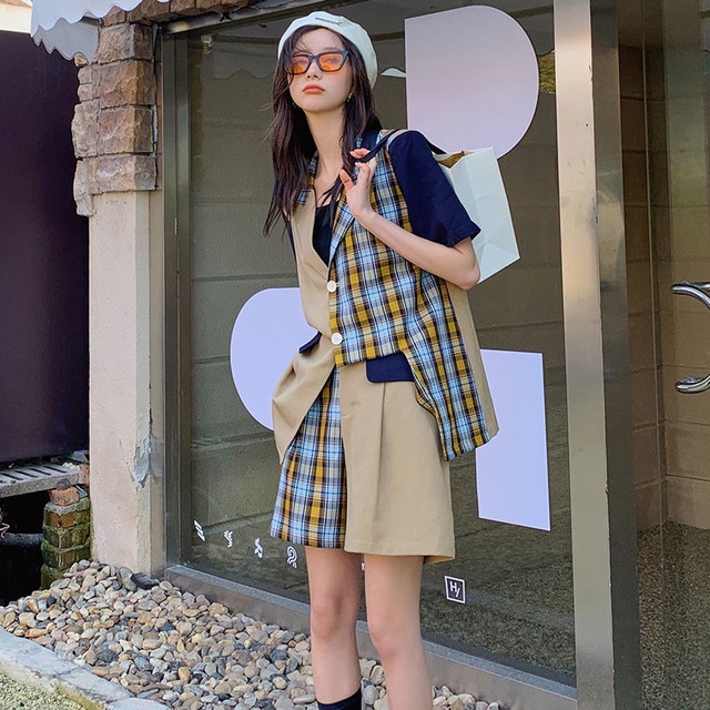 セット チェック柄ファッション個性派半袖シャツ ショートパンツ2点セット Motemote19