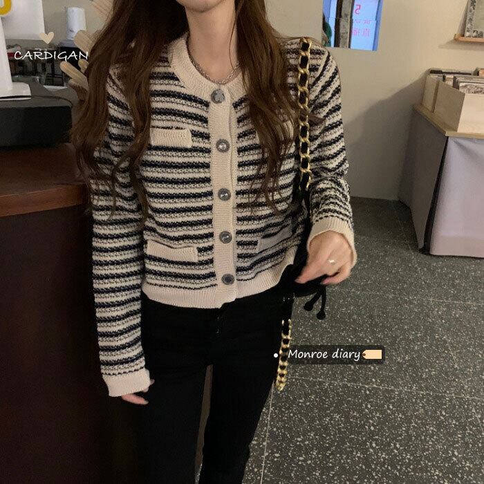 スタイルストライプセーター コート スプリングカーディガンショートトップス ニット 春物 モンロー3716248471