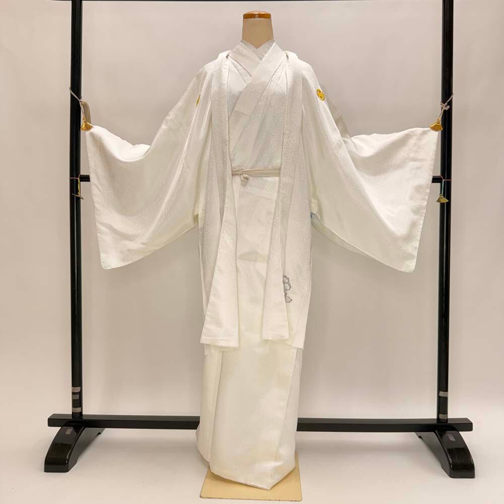 男紋付 男着物 紋付 刺繍 ポリエステル 羽織 長着 裄75cm 2L size 白 五つ紋 中古 成人式 舞台衣装 5435