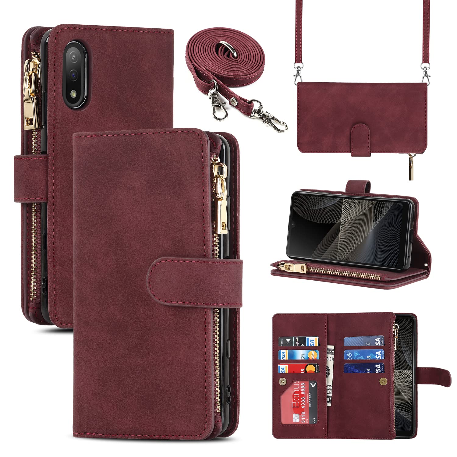 Eastwave for Sony Xperia Ace II SO-41B ケース for Xperia L5 / Ace 2 SO41B 縄掛けケース 手帳型 財布型 ICカード コインポケット ストラップ付き カード 収納 小銭入れ ファスナーポケット付き PUレザー 6色 レッド