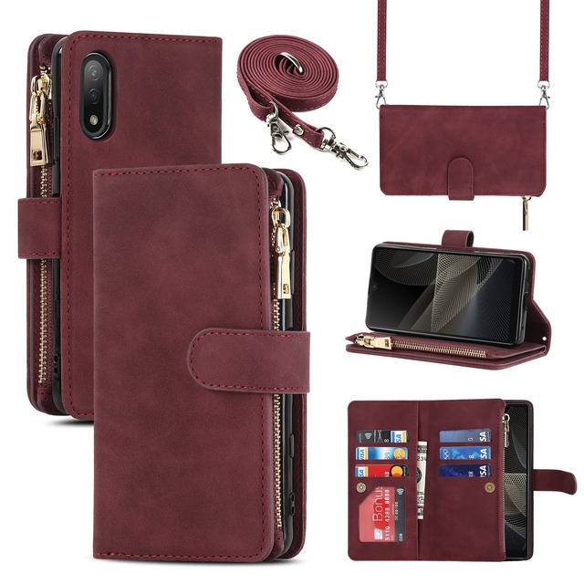 Eastwave for Sony Xperia Ace II SO-41B ケース for Xperia L5 / Ace 2 SO41B 縄掛けケース 手帳型 財布型 ICカード コインポケット ストラップ付き カード 収納 小銭入れ ファスナーポケット付き PUレザー 6色 レッド