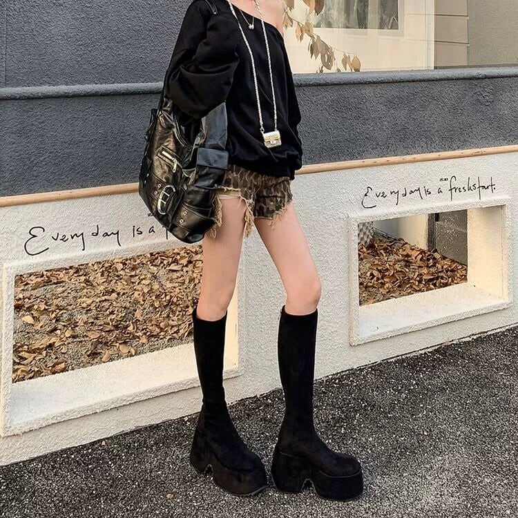 美脚スリムフィット厚底プラットフォームロングブーツ10cm ブラック
