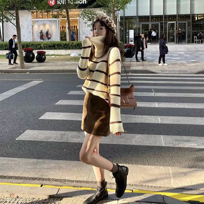 タートルネックボーダーリブニット