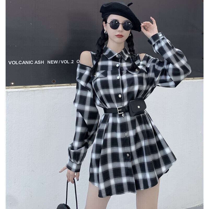 スタンダード格子柄シャツ ドレス オータムスタイルスカート ロング レトロ ストリート 秋物 オフショルダー ガールズファッション27443860552