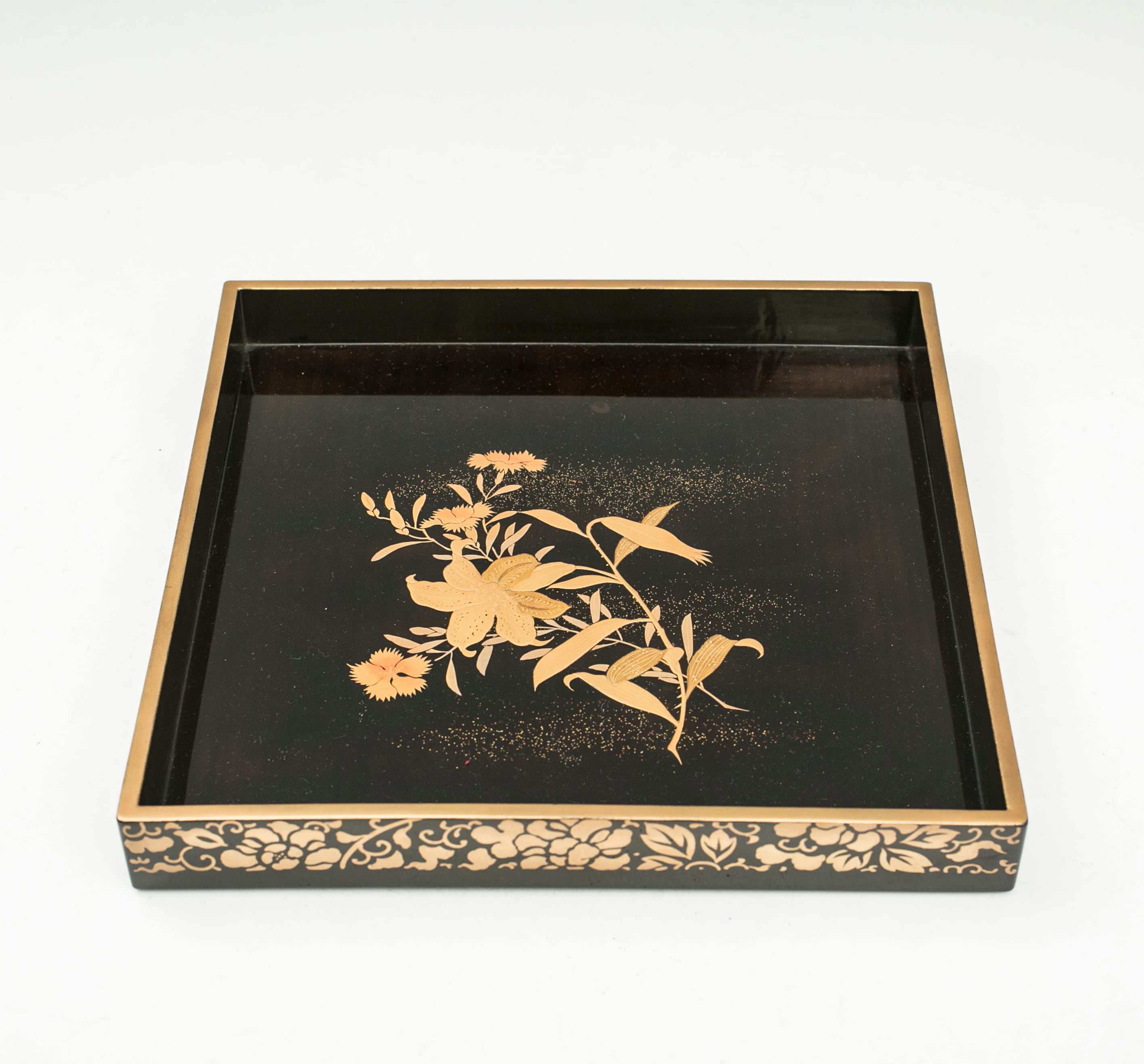 黒塗 草花蒔絵 撫子 百合 秋草 入れ子盆 廣蓋 二点組 四方盆 漆芸 木箱