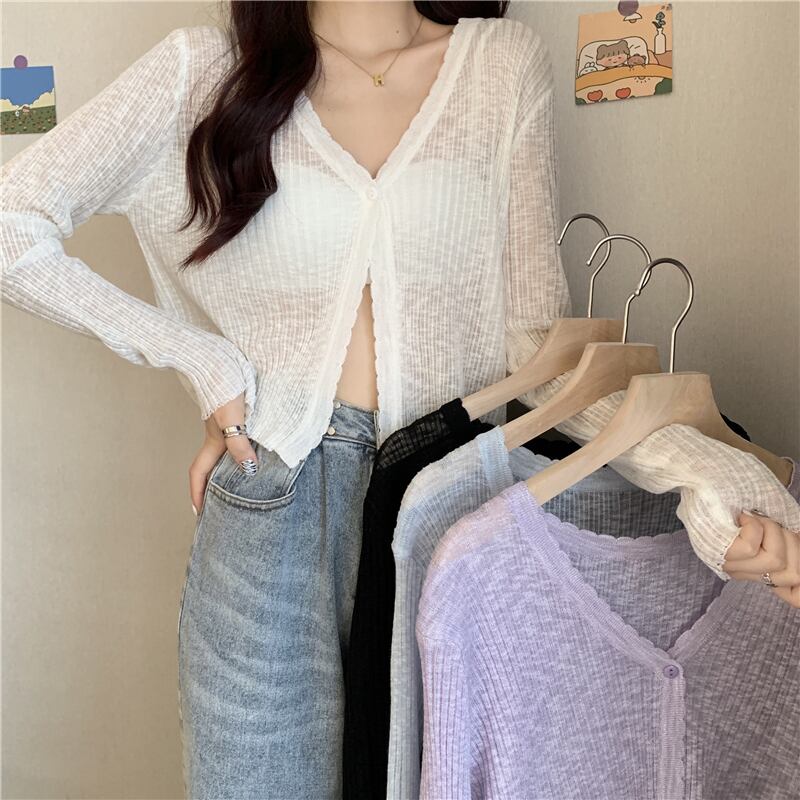 ルーズショートブラウス トップス サマーVネックニットカーディガンジャケット ロング 夏物 1号婦人57405045864