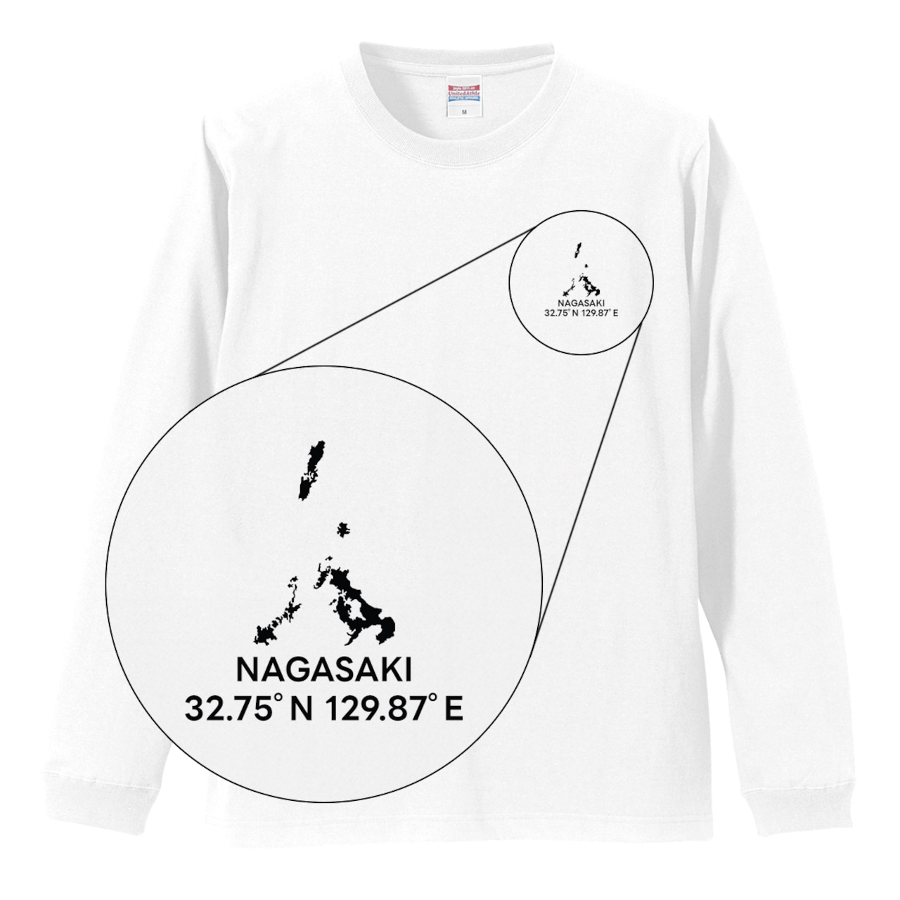 《長崎》 緯度経度ミニマルロングスリーブTシャツ|地図×地名×ワンポイントデザイン