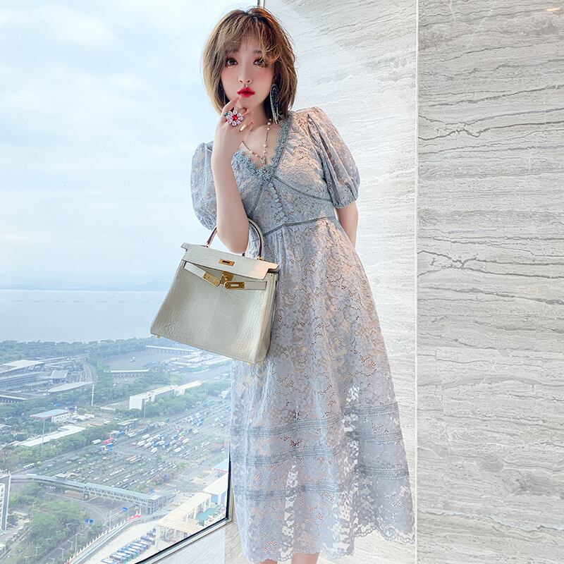 レースVネックスリーブウェスト薄手ドレス サマー 夏物 MIUCO23151951775