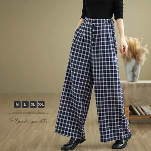 ワイドパンツ レディース ガウチョパンツ 綿 コットン チェック ボトムス 配色 ワイドパンツ 春秋 春 秋ロング丈 レディースパンツ スラックス 大人パンツ キレイめ エレガント 大人 お洒落 ワイ