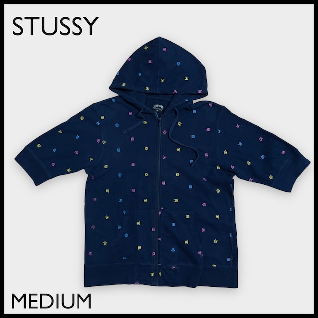 【STUSSY】刺繍ロゴ 総柄 半袖 スウェット ジップアップ パーカー フーディー フルジップ M ステューシー US古着