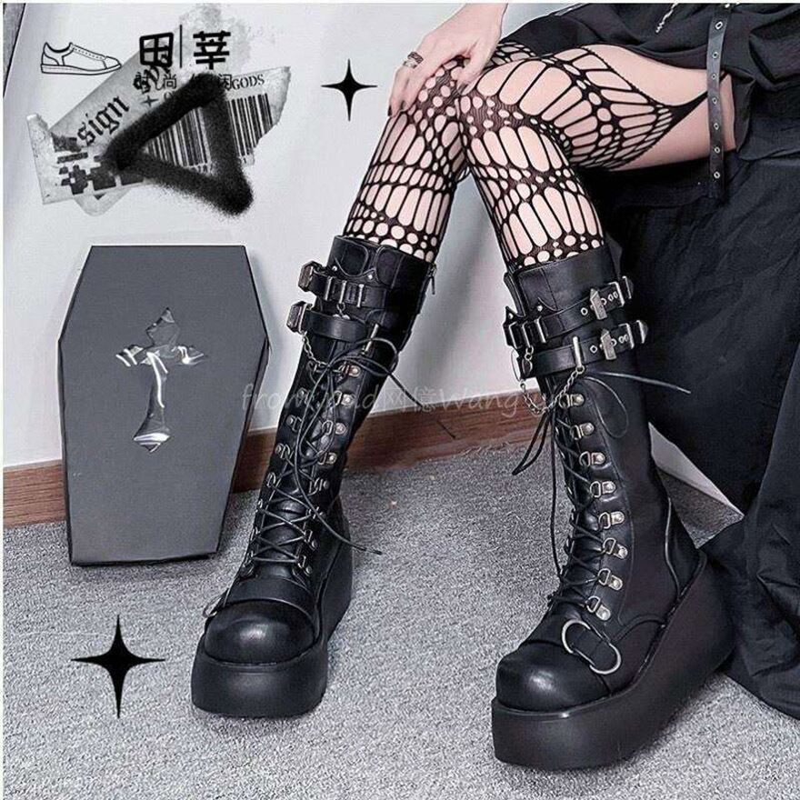 サブカル 服 地雷系 通販 厚底ブーツ ヒール高8cm チェーン 編み上げ ストリートファッション