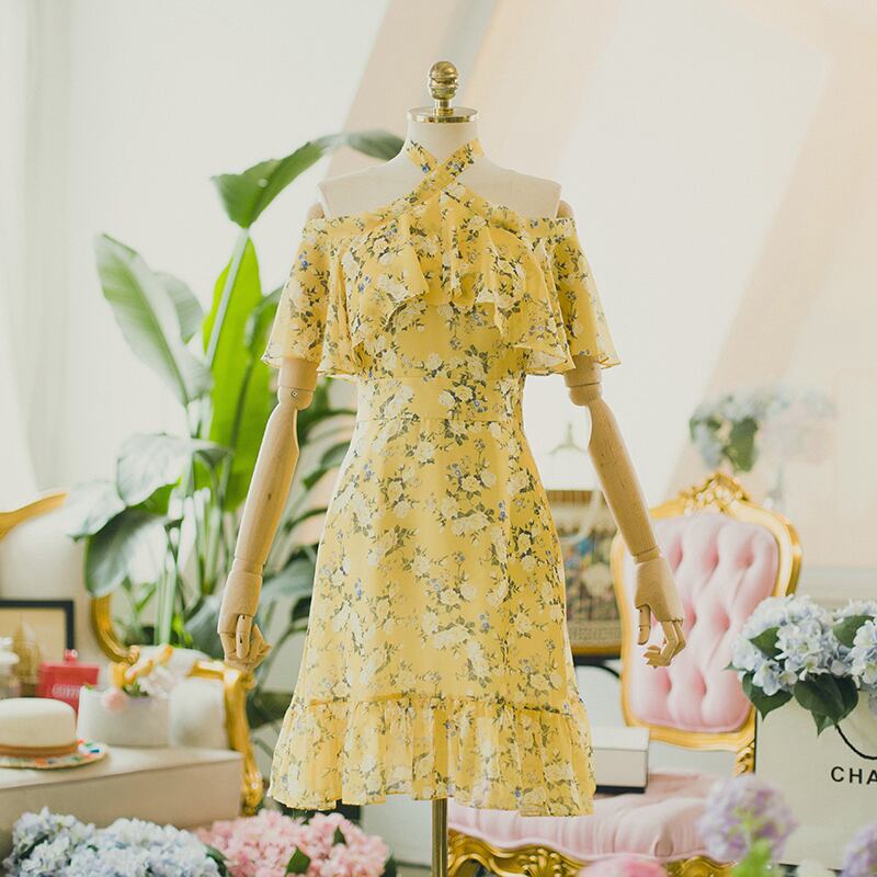 ワンピース 花柄 ペプラム パーティー デート 披露宴 肩あき ボートネック セクシー イエロー S M L Dresszone