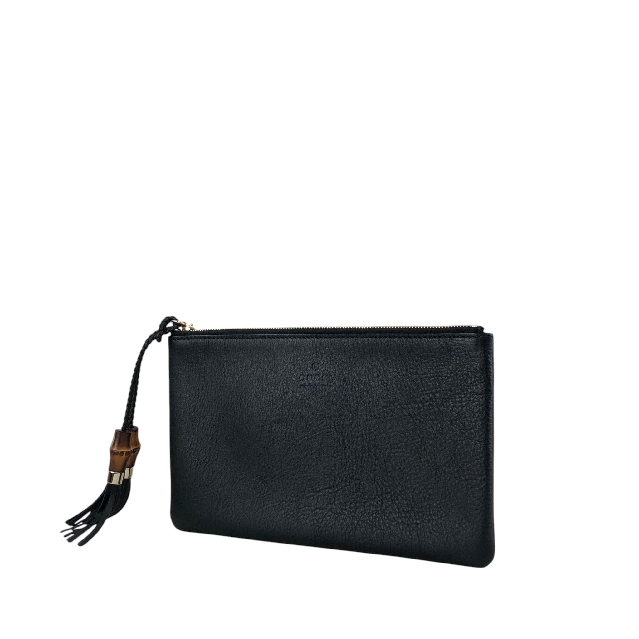 GUCCI グッチ クラッチバッグ ブラック ロゴ型押し レザー バンブー
