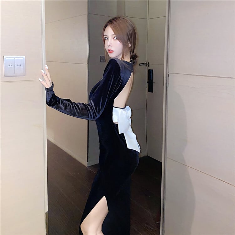 One Piece Back Open Slit ワンピース ドレス 長袖 ミディアム丈 スリット バックオープン 背中見せ 肌見せ セクシー リボン ハイウエスト 足長効果 ブラック おしゃれ キュート 大人かわいい シック 普段使い お出かけ 女子会 デート パーティー二次会 春秋冬 Sea Sign