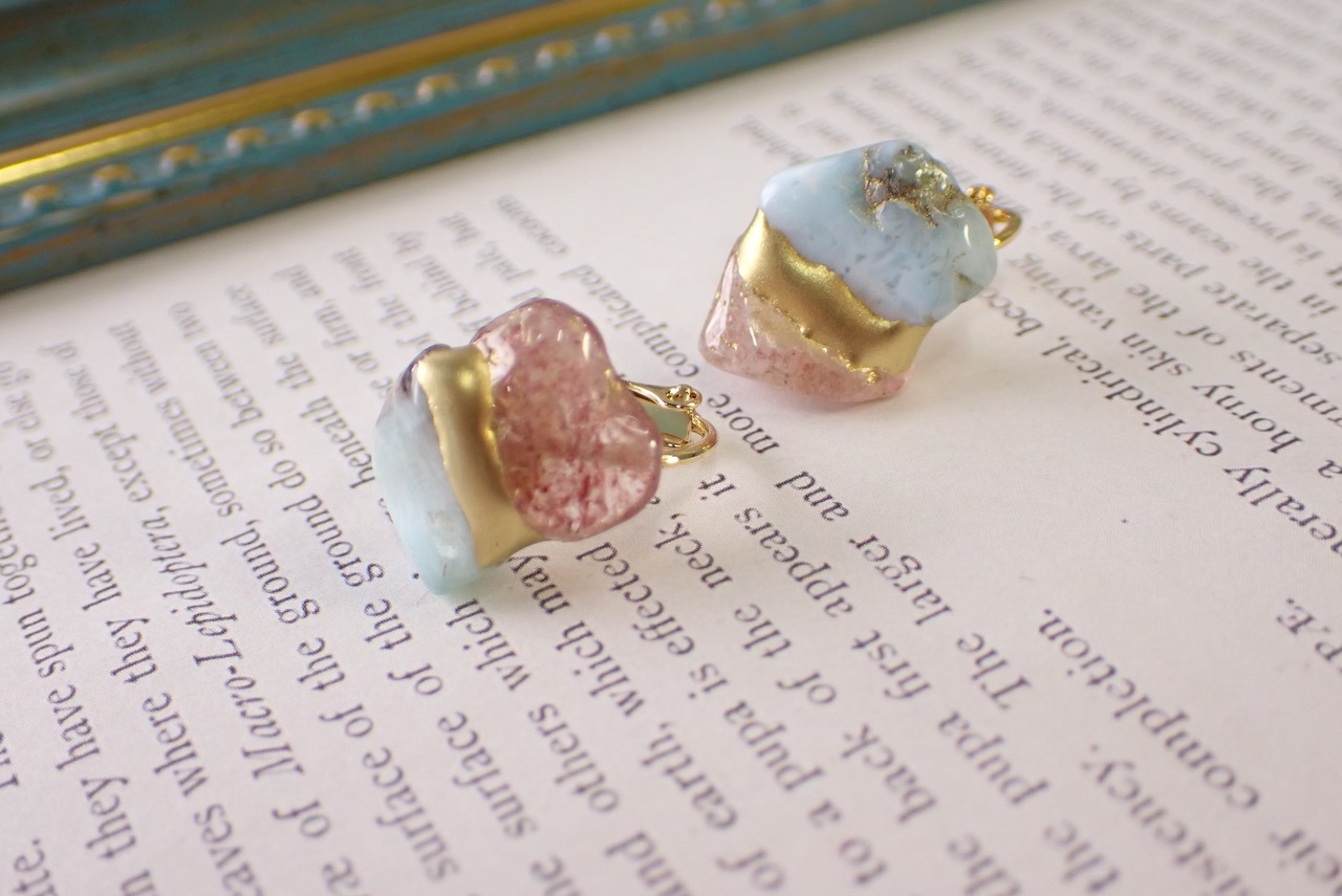 金継ぎイヤリング(ラリマー×ピンクエピドート)   [C2‐274]