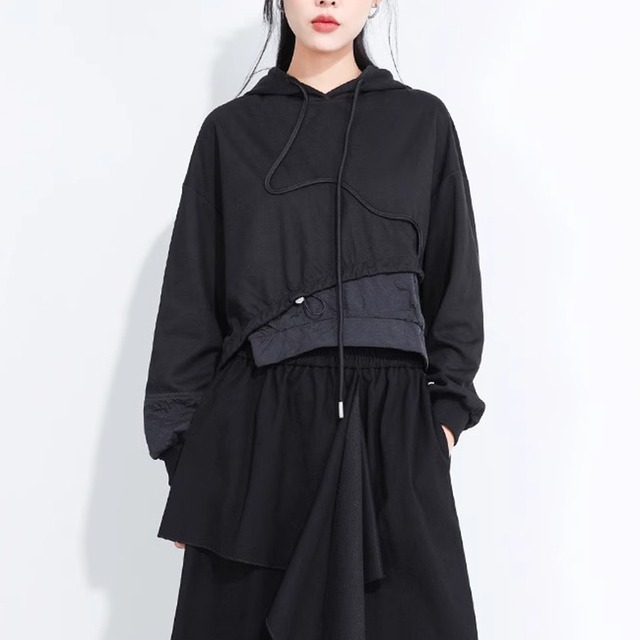 フード付き 長袖 クロップド丈 アシンメトリースウェットプルオーバー 1color PU0456