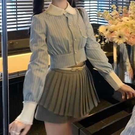 ストライプクロップドフリルシャツ