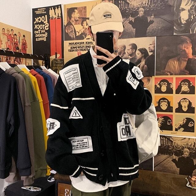 【予約販売】カーディガン メンズ タグ プリント バイカラー ブラック ホワイト カジュアル こなれ感 お洒落 韓国 トレンド 春 S/M/L/XL/2XL