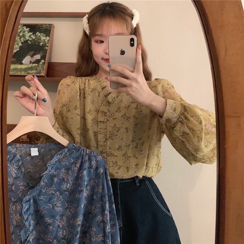 スタンダードフローラルVネック薄手ルーズシフォンシャツ ブラウス レディース ロング レトロ 花柄 ハンチェンe91394792760