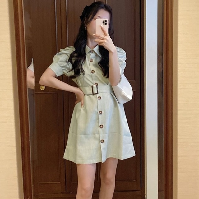 ワンピース 膝上 ショート丈 半袖 レギュラーカラー パフスリーブ タック ギャザー リボン シャツワンピ Aライン ドレス 袖あり Aライン ベルト べっ甲ボタン かわいい 大人 おしゃれ お洒落 大人可愛い エレガント 花柄 10代 20代 30代 レディース 女性用 デート お出かけ 女子会 誕生日 海 ビーチ インスタ映え 春 夏 秋 冬 1.5次会 パーティ 撮影 グリーン ネイビー オフホワイト S M