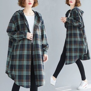 CHECK PATTERN HOODED LONG SLEEVES SHIRT JACKET COAT 1color M-10114