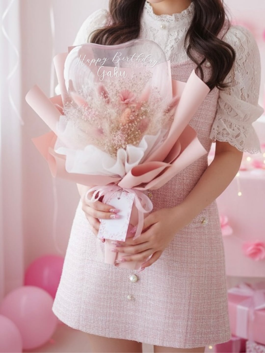 クリアバルーンとドライフラワーのカラフルブーケ Msize (ハートタイプ