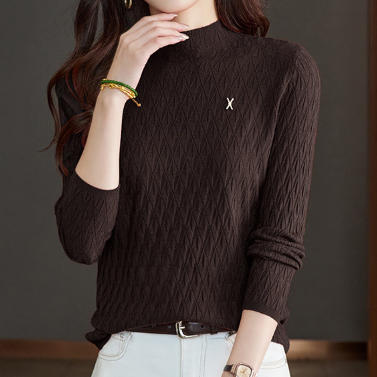 チャーム付き模様編みニットトップス Me0764