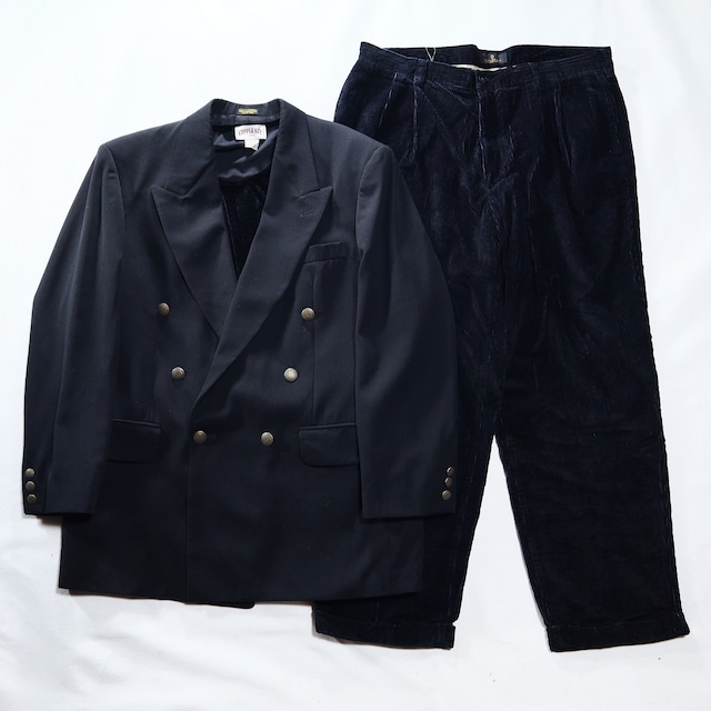 "KafuCa original set" all black coordinate set "double breasted tailored jacket & velours tops & corduroy wide pants"