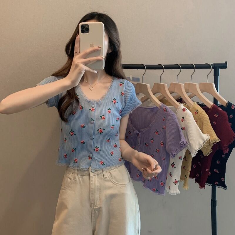 Flowerデザイン Tシャツ トップス レディースサマー薄手ニットセーター 夏物 フラワーデザイン YY-ファッション22747325902