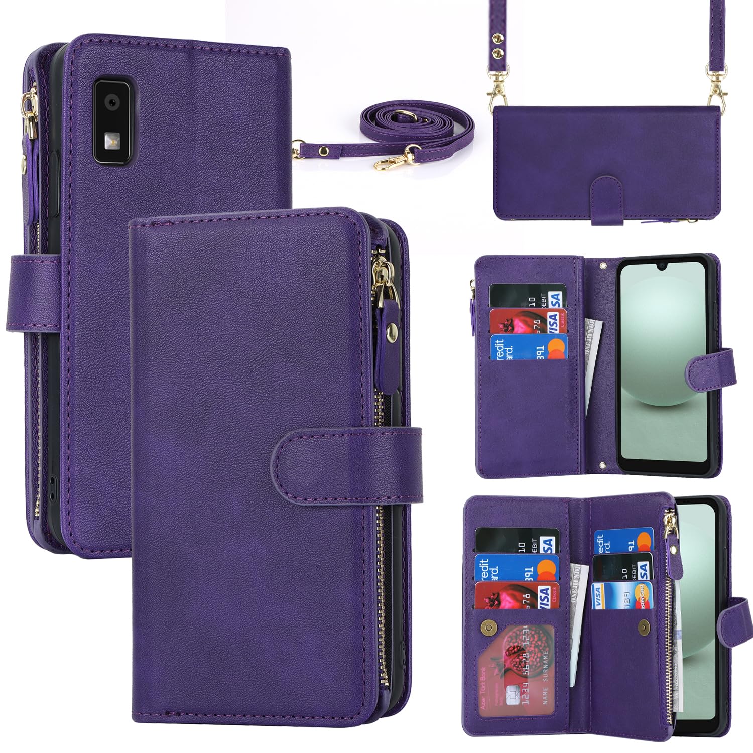Pelanty for SHARP AQUOS Wish3 縄掛けケース手帳型 SH-53D A302SH 携帯カバー 肩掛け斜めがけ ショルダー 合成皮革+TPU マグネット 財布型カバー ICカード お札入れ小銭入れ大容量 収納ポケット スタンド機能 シャープ アクオスウィッシュ3 ストラップ付き 落下防止 耐衝撃 全面保護(肩縄付き-パープル)