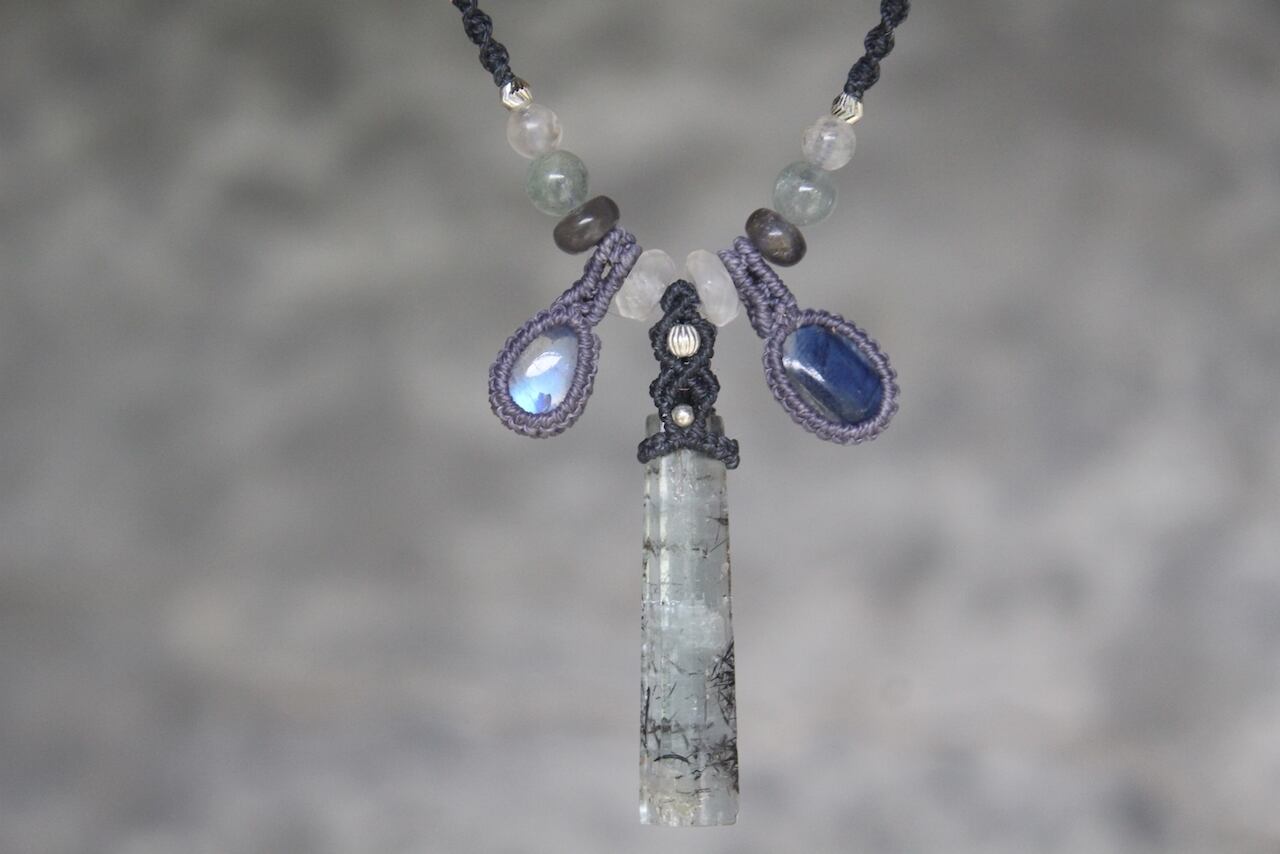 Aqua marine & Rainbow moonstone & Kyanite micro macrame necklace