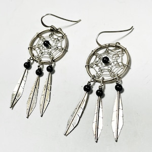 Southwestern Sterling Onyx Dreamcatcher Pirced Earrings