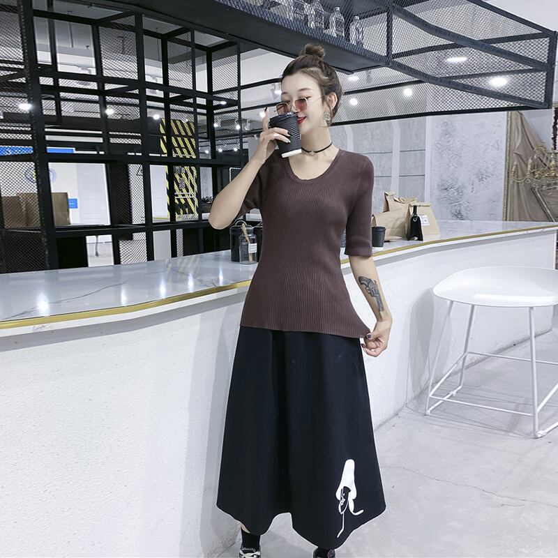 プラスサイズの女性の秋の脂肪姉妹五分袖tシャツ女性の200キロルーズニットボトムシャツトップ潮 ミックスインファッション79272279844