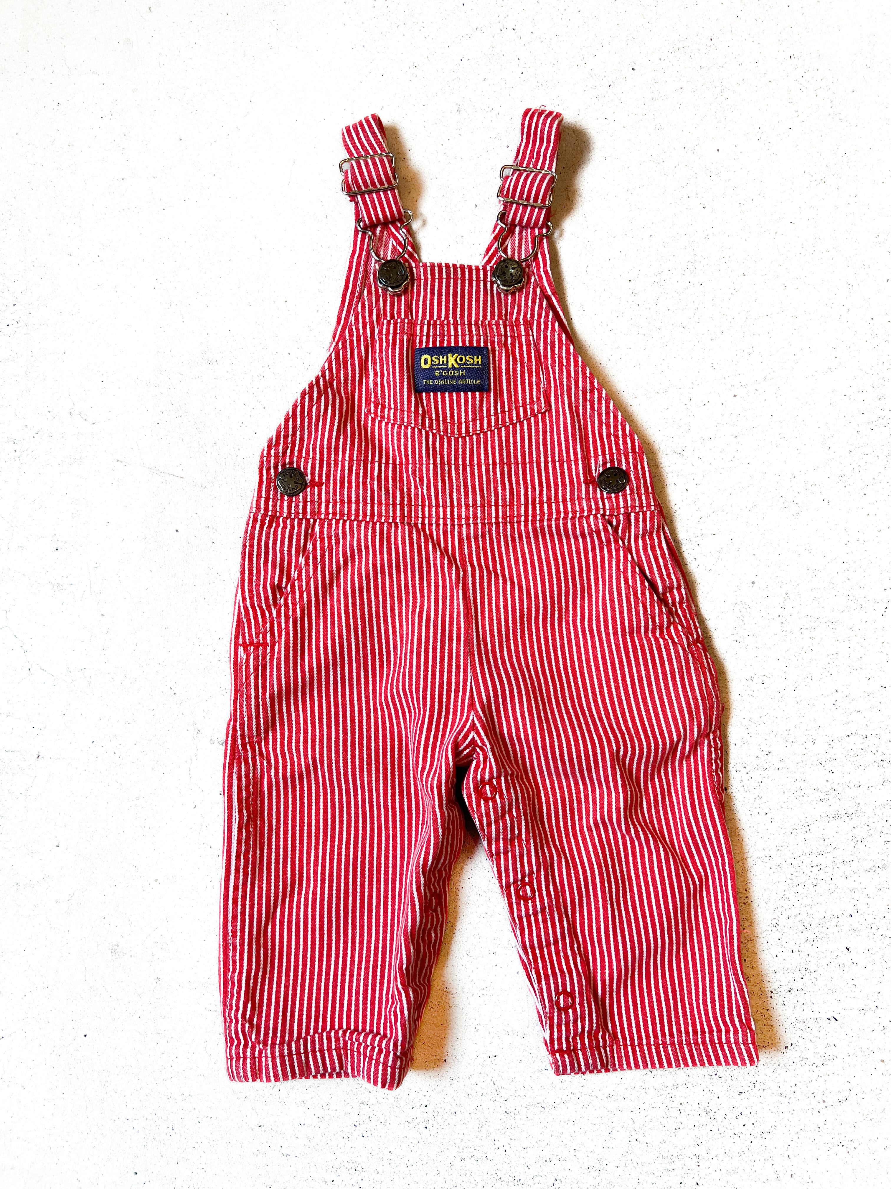 【50-60cm】VINTAGE 80'S オシュコシュ 赤ヒッコリー オーバーオール【b193】