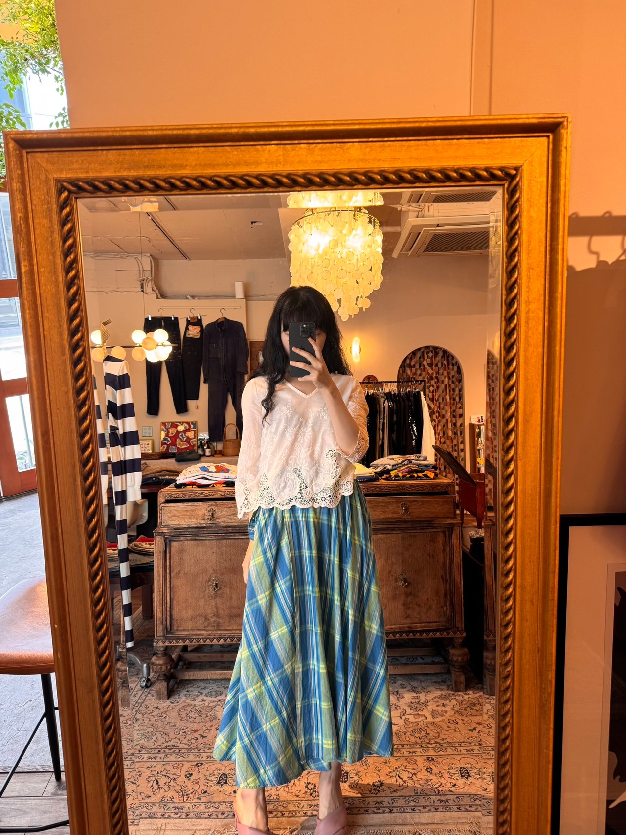 Lampe グリーン＆ブルーチェックラップスカート