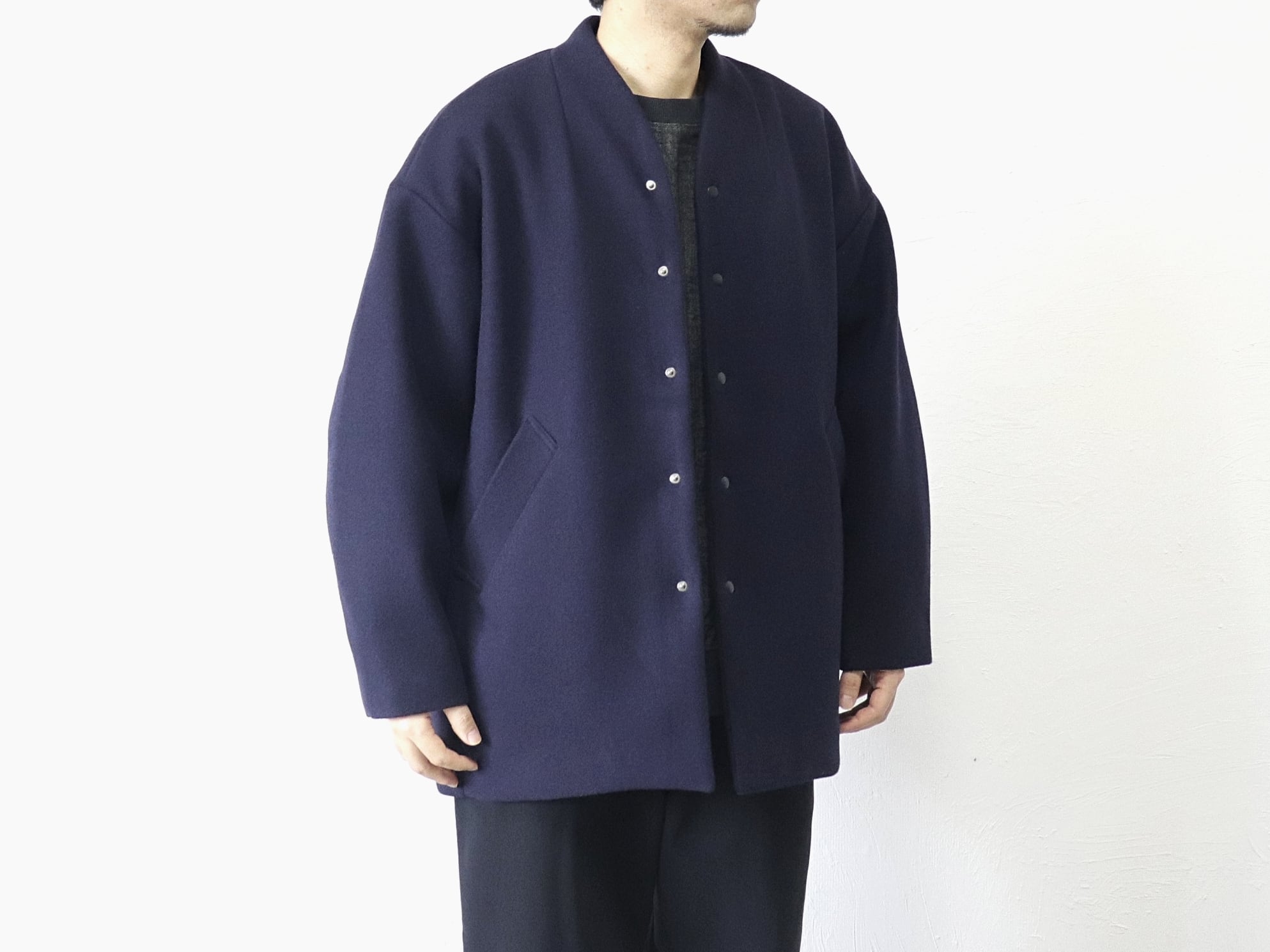 KELEN / NO COLLAR EGG JACKET "RIOT" - NAVY ケレン / ノーカラーエッグジャケット