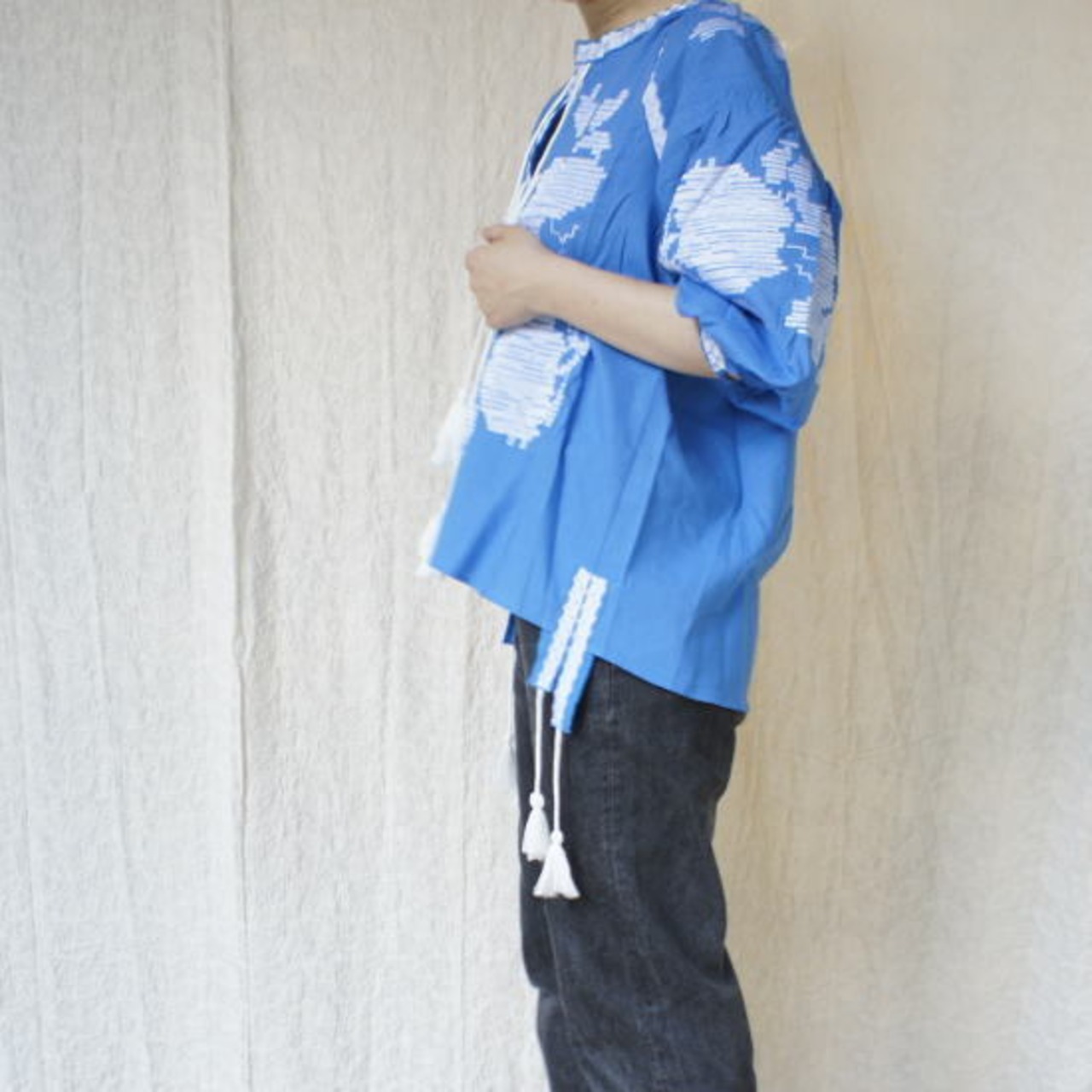 Topanga Fashion エンブロイダリーカフタンブラウス　ブルー【SALE】