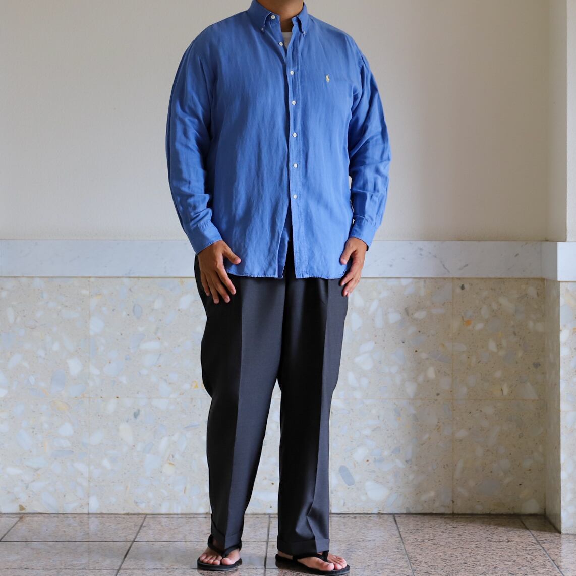逸品】80s Ralph Lauren special silk linen shirt fade blue 