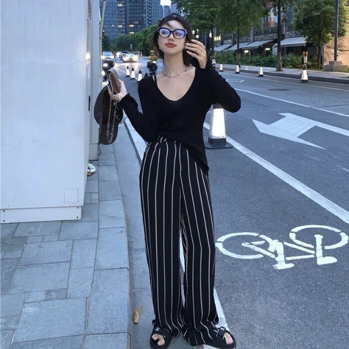 オータムスリムニットセーター ハイウェストウェストストライプカジュアルレディース 秋物 ドラファッションホール46008357406