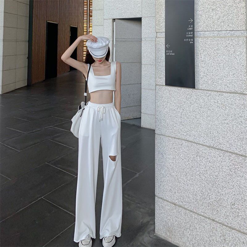 スポーティなスリムカジュアルオールマッチリッピングワイドレッグパンツレディースサマールーズストレートハイウエストパンツ2020ニューパンツ ブラックストロベリース41874876965