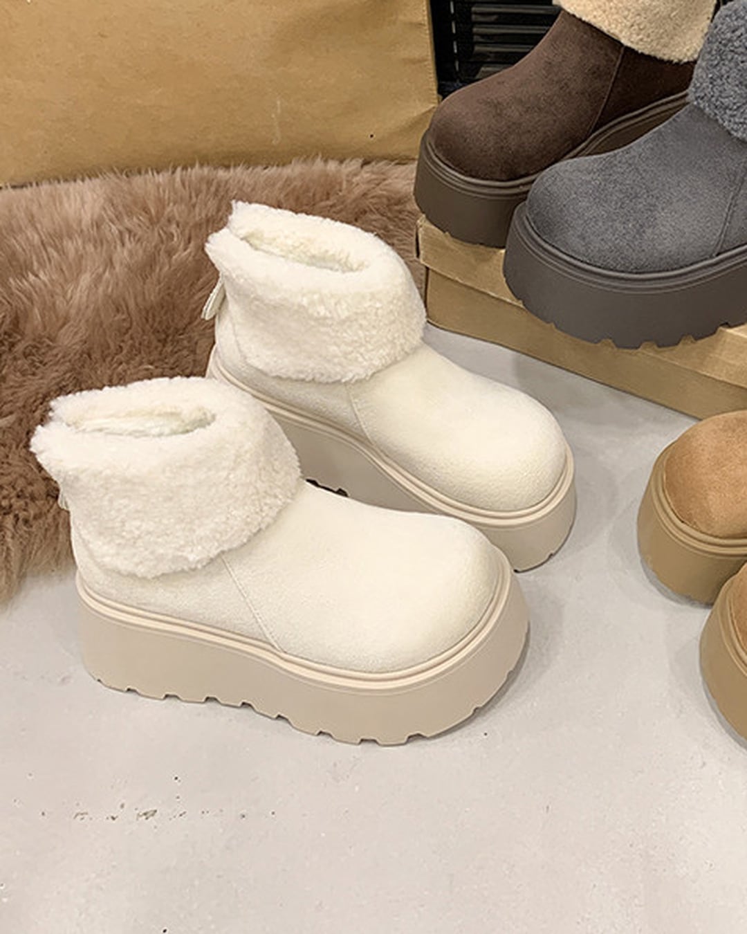 折り返しボア 厚底ショートブーツ(4 colors)