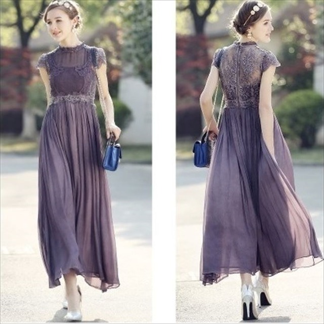 国内即納 即日配送 パーティードレス シフォン レース フレア ロング ワンピース パープル ワンピ フォーマル カラードレス セレモニー セクシー キャバ 代 30代 イブニング お呼ばれ ナイト 結婚式 ゲストドレス Aライン Laドレス タイト レディース D166