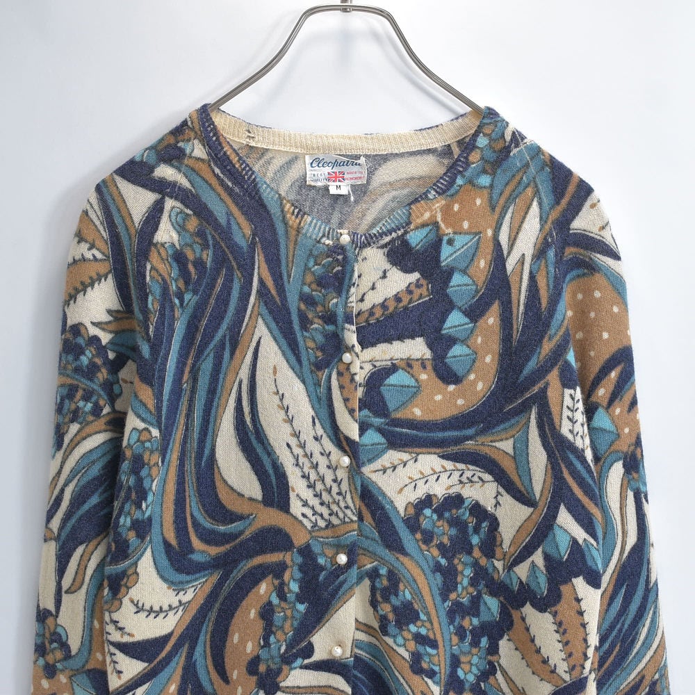 80~90s Cleopatra アンティーク調 ボタニカルパターン アンゴラブレンド ラムウール 総柄 ニット カーディガン ヴィンテージ ビンテージ 古着 レディースMサイズ