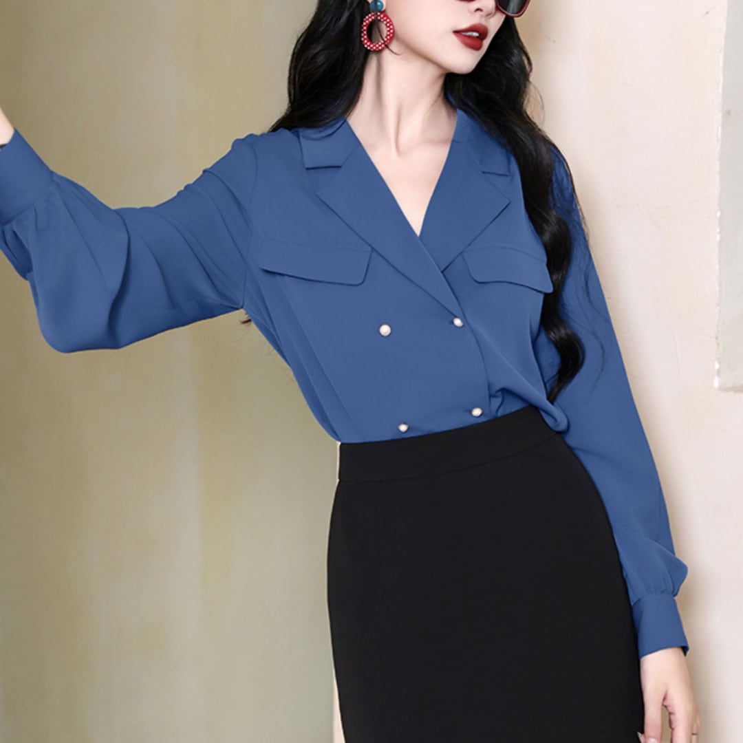 ダブルブレスト パッチポケット 長袖 シャツ 00489