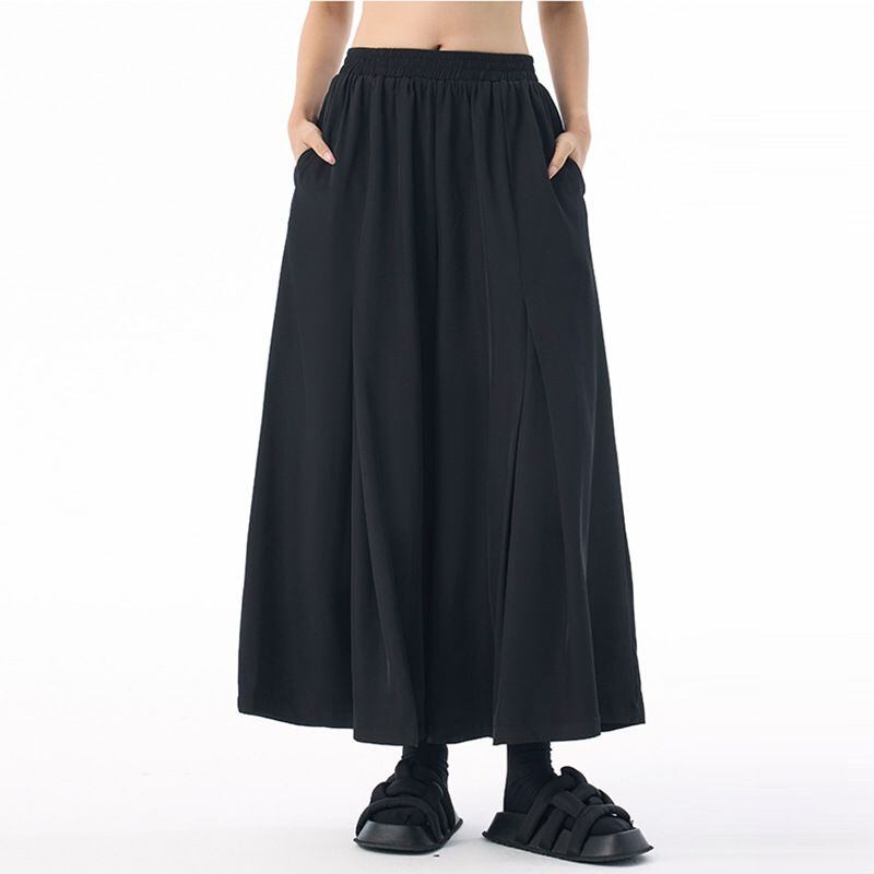 SOLID ELASTIC WAIST A-LINE WIDE LEG CROPPED PANTS 2colors M-15276